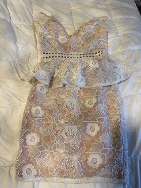 Beige Lace Peplum Mini Dress with White Floral Overlay